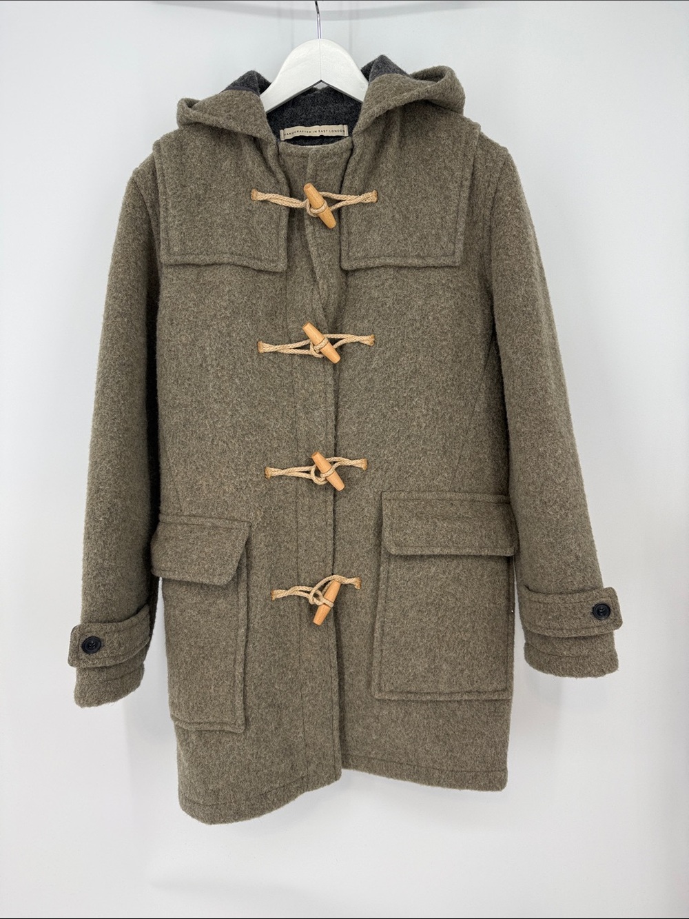 Menil British Wool Hooded Duffle Coat in Beige with Toggle Closure